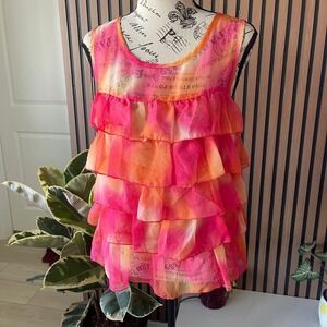 Dana USA Sleeveless Ruffle Layered Sheer Top Pink Orange‎ Print Medium